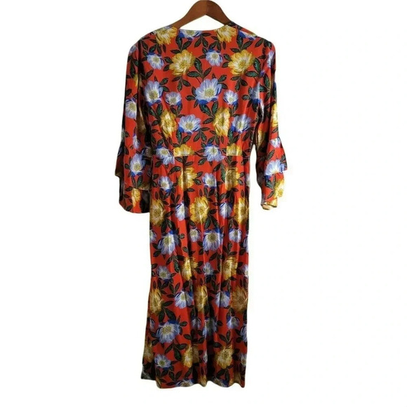 The Fifth Label orange Floral print long Wrap Dress Size M bell sleeves women's - Picture 2 of 11